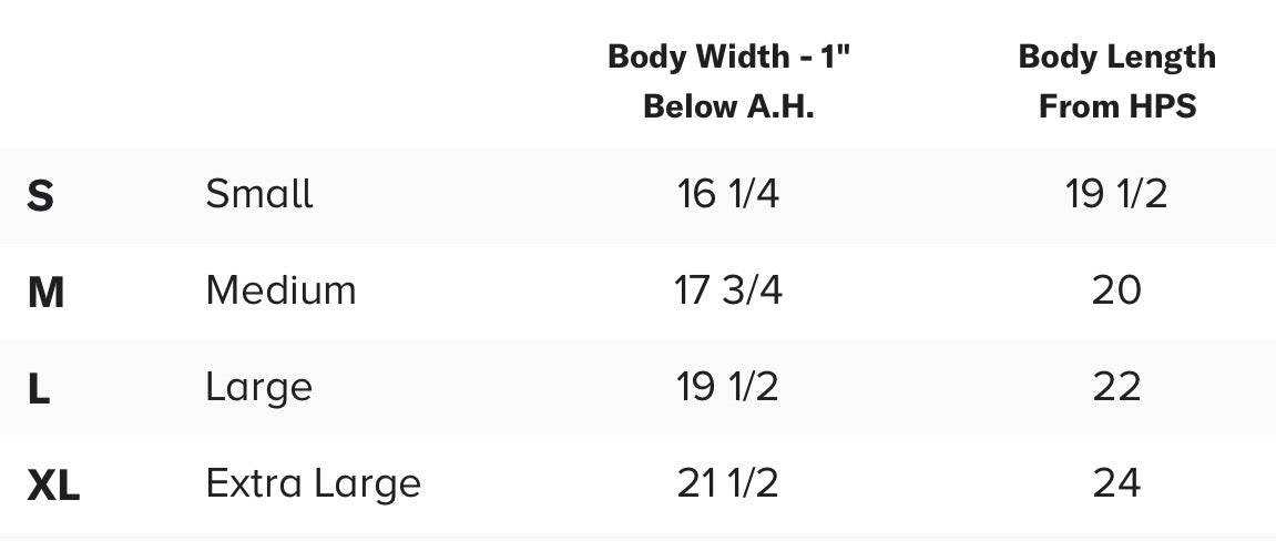 A size measurement chart showing body width and body length for sizes S, M, L, and XL. The chart has columns for size, body width 1" below A.