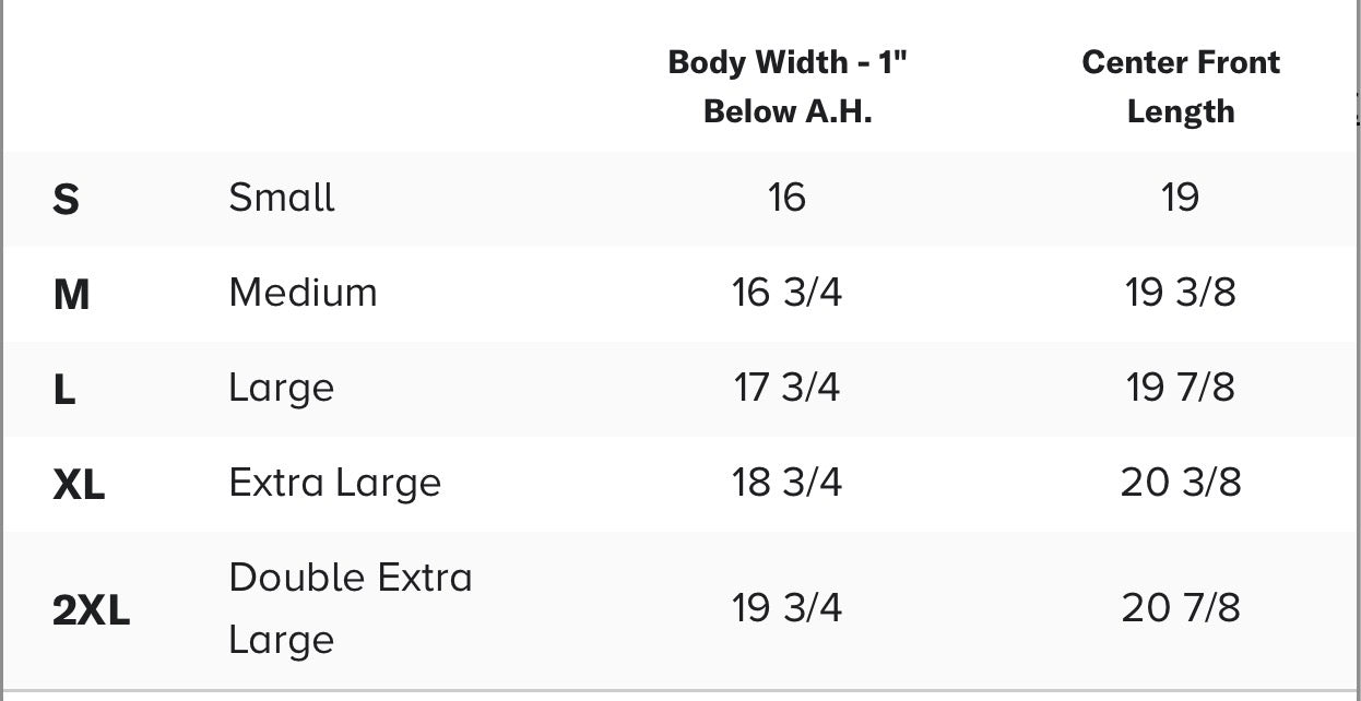 Size chart for clothing measurements in inches