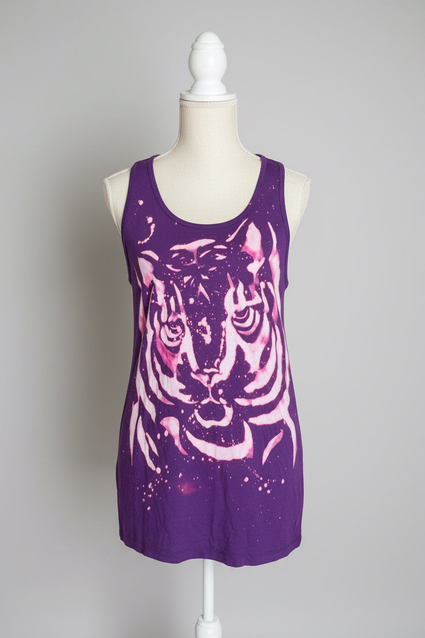 Purple tank top with a tiger design on a mannequin against a gray background